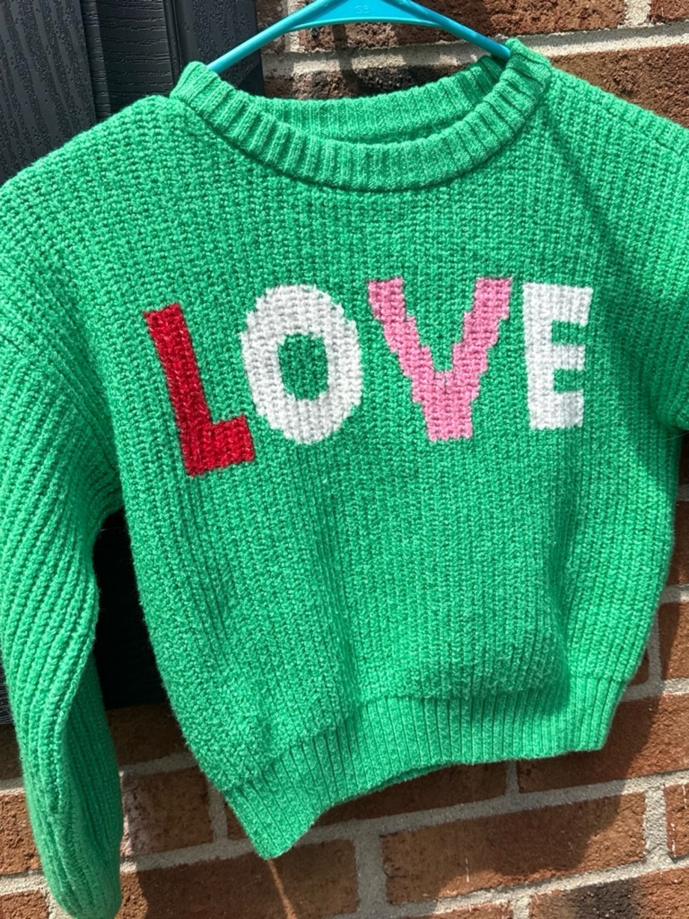Old Navy Green Knit Sweater with Red, White & Pink LOVE Intarsia